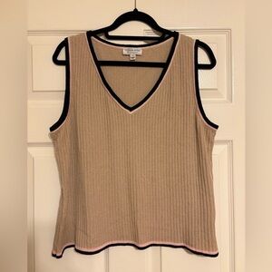 St John Sport Wool Blend Tan Pink Navy V Neck Tank Ribbed Sweater Vest L/XL